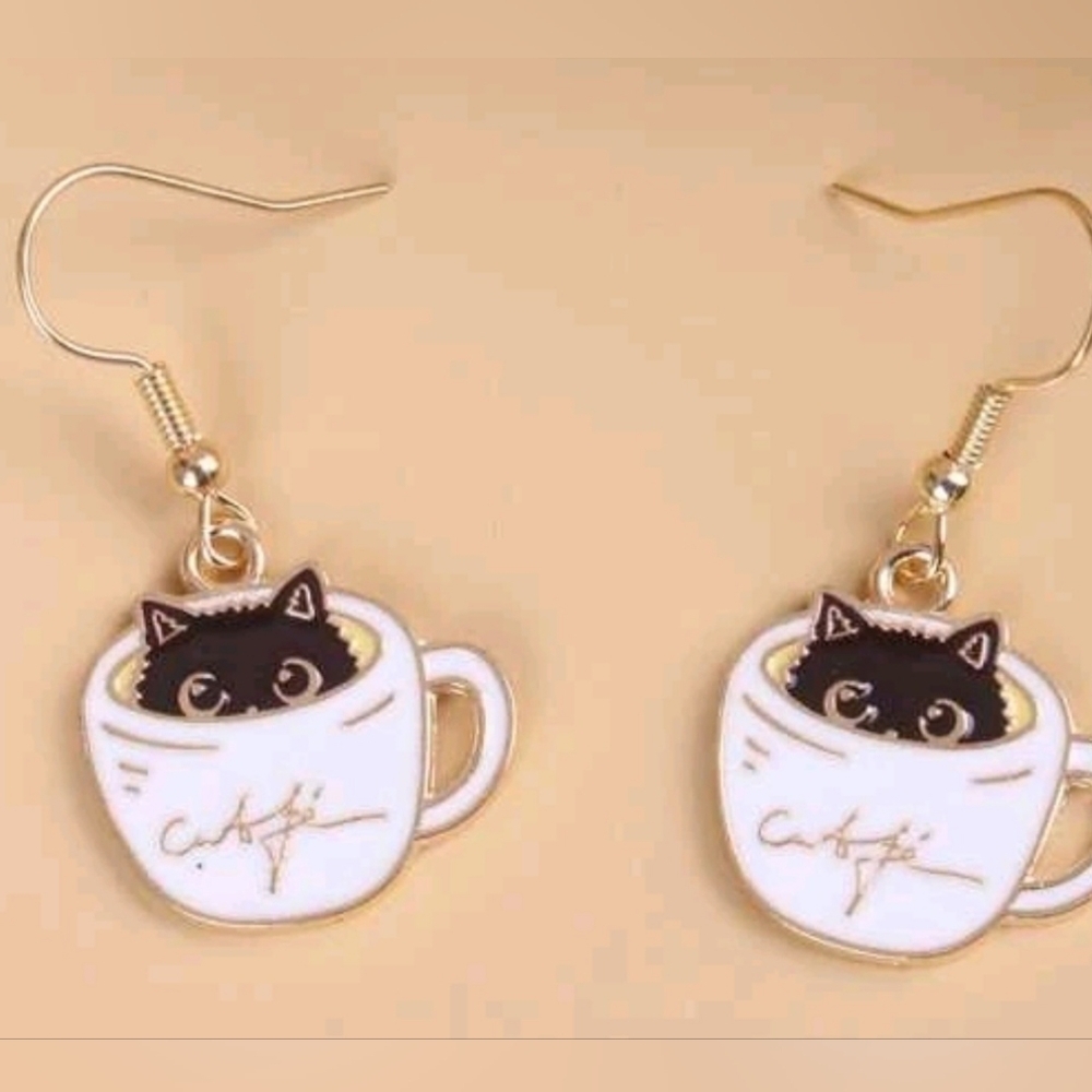 Coffee Cup w Black Cat in it Gold Accent Earrings